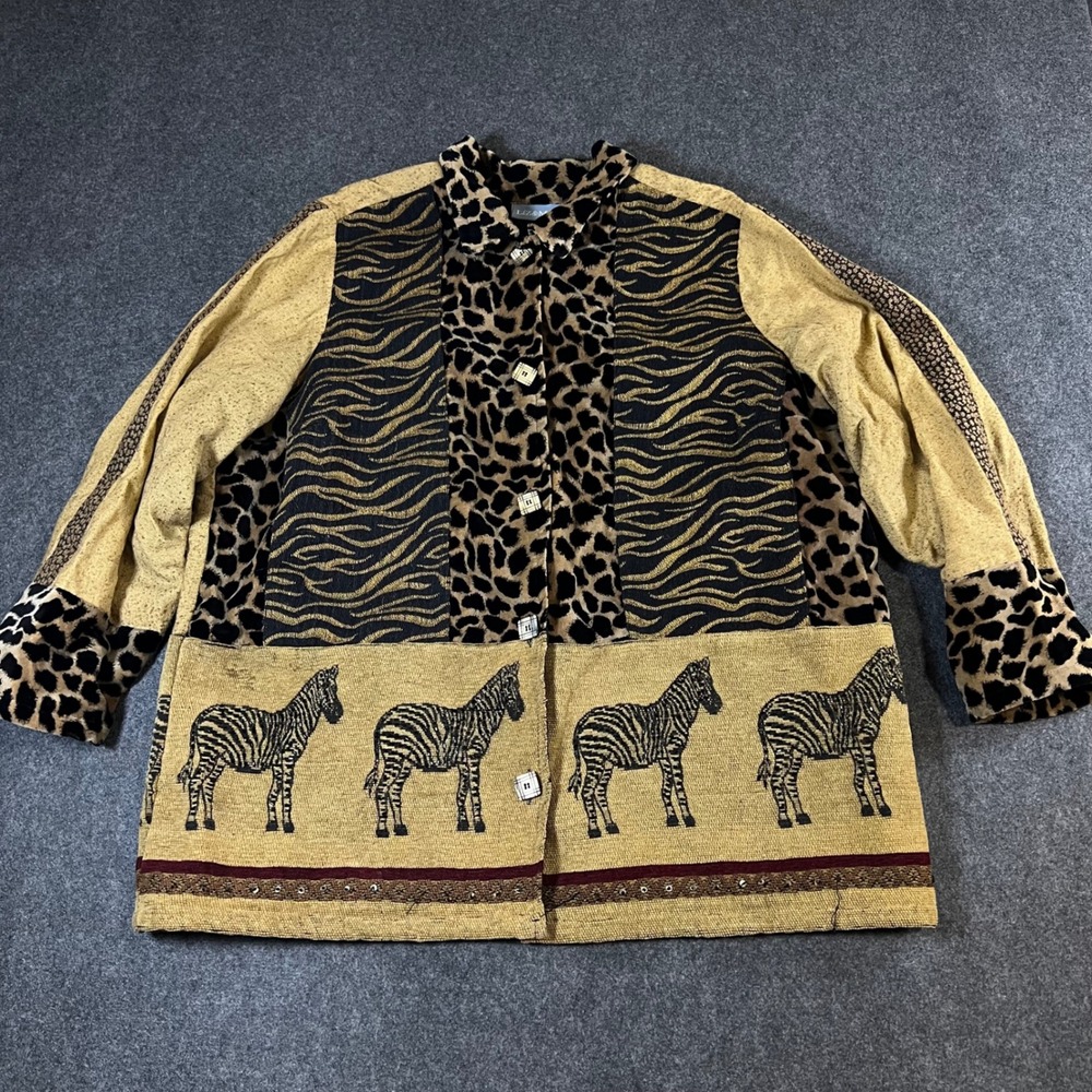 Liz & Me Womens 1X Animal Print Tapestry Jacket Zebra Leopard Cotton Button Up
